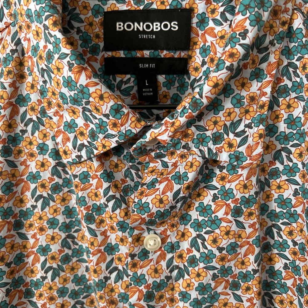 BONOBOS Men's Stretch LARGE Slim Fit Floral Short Sleeve‎ Button Up